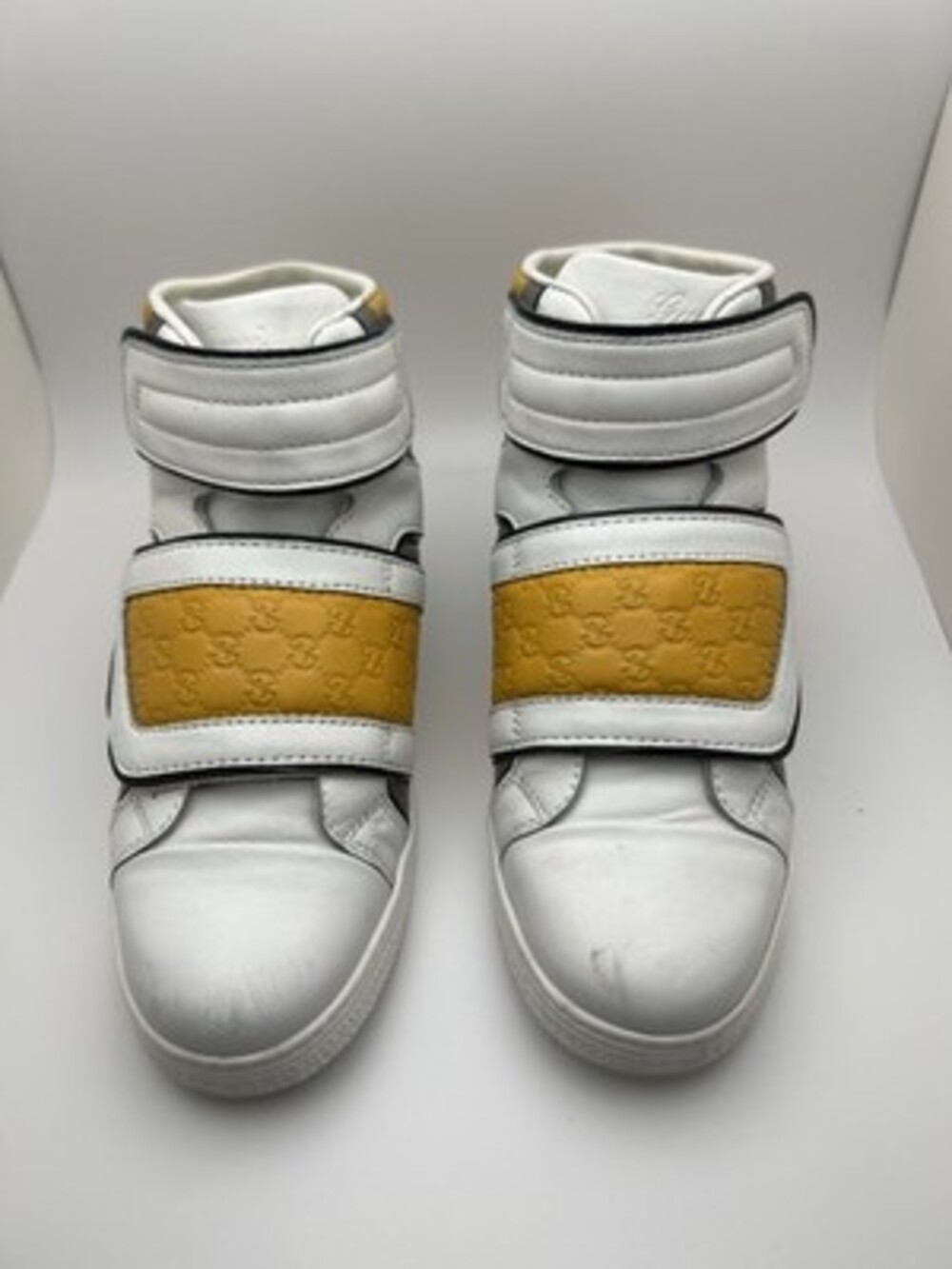 Gucci Kids White Leather Coda Pop High-top Sneaker w/Yellow Trim 301354BLNP09089